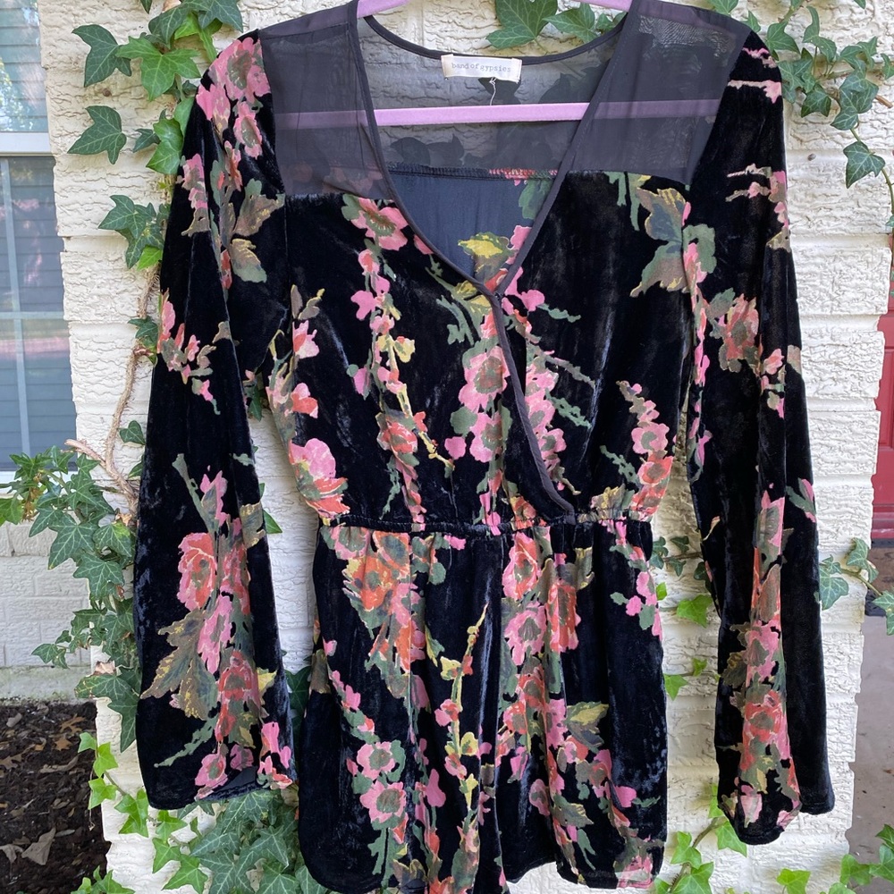 Black Velvet and Floral Romper with Mesh Neckline